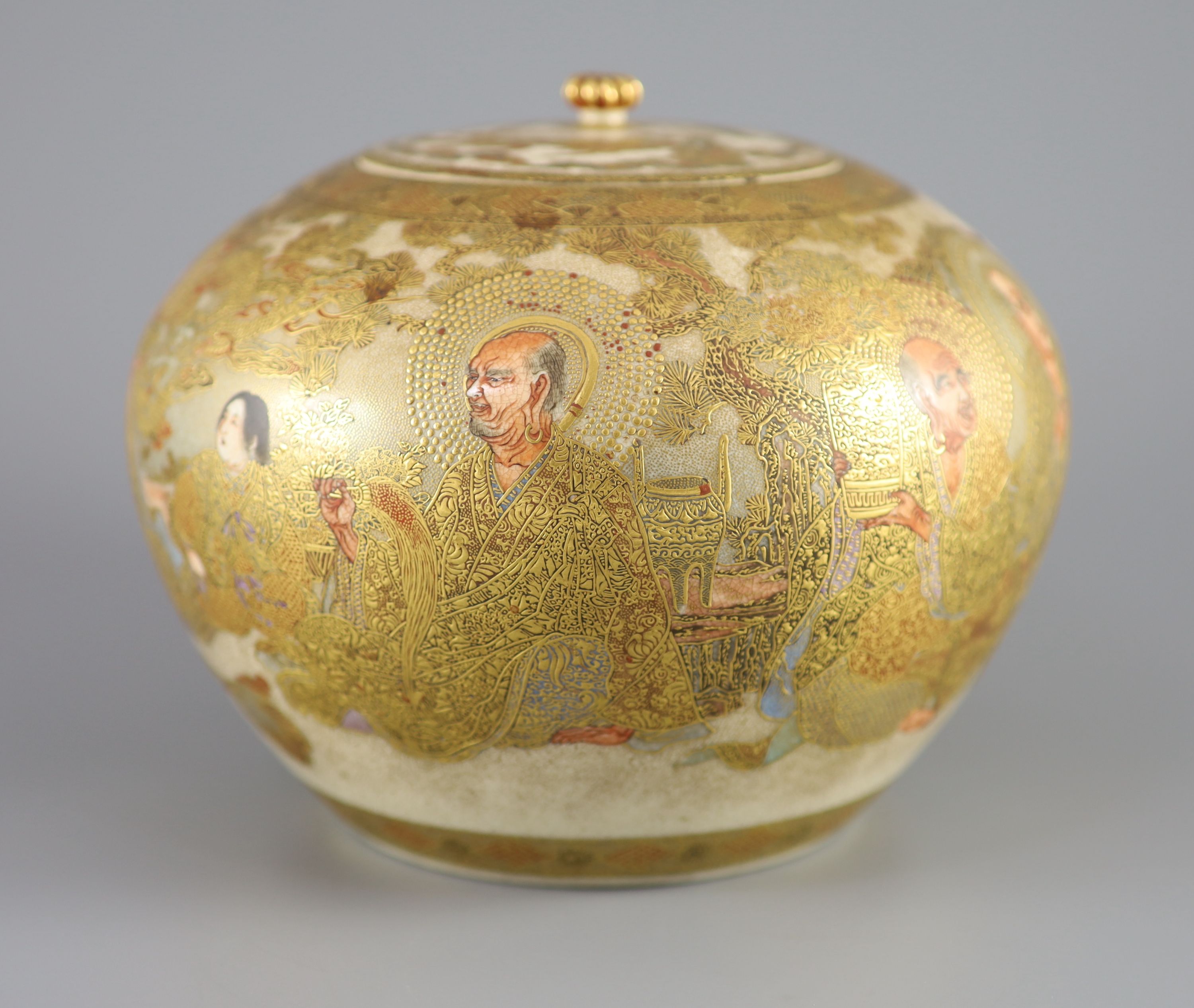 A Japanese Satsuma jar and cover, Meiji period, signed Baigetsu, 19cm diameter